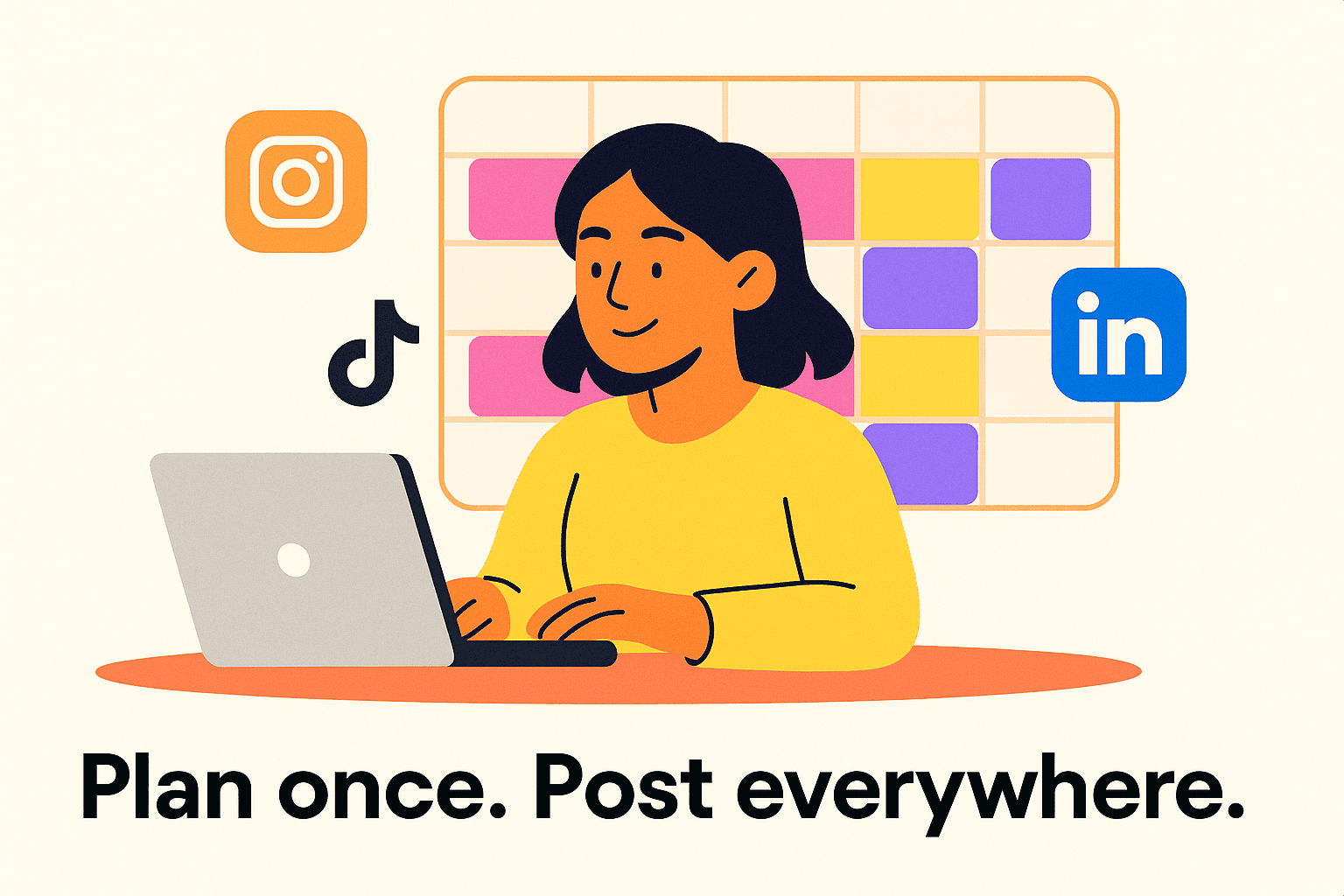 Illustration of a person using a calendar to schedule YouTube Shorts, Tweets, and Bluesky posts