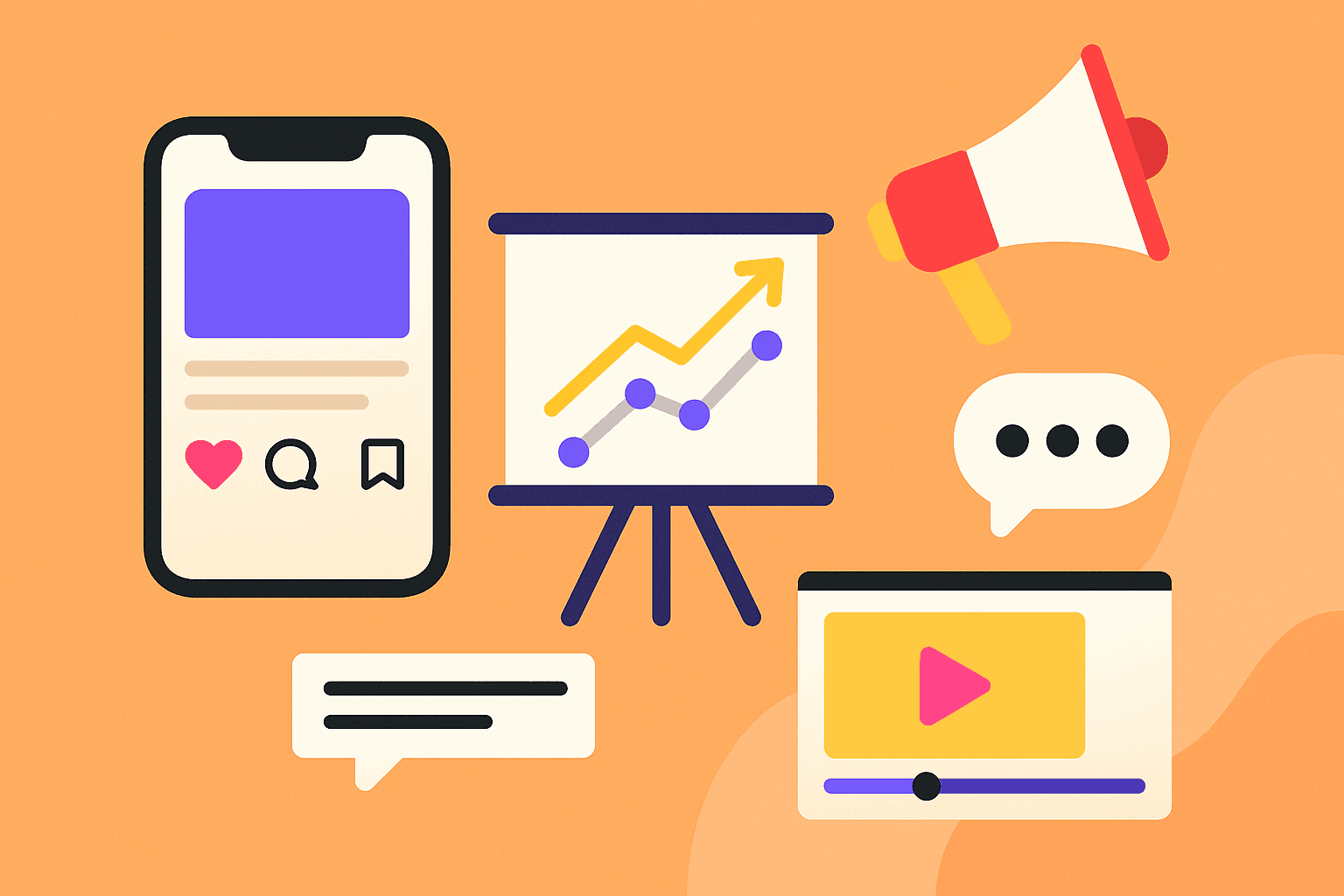 Social media marketing illustration with phone, analytics chart, megaphone, and video player
