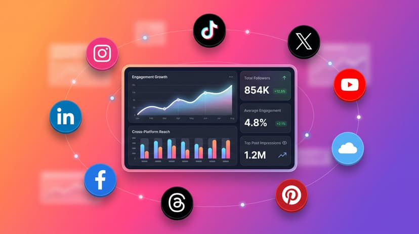 Cross-platform analytics dashboard showing 9 social platforms