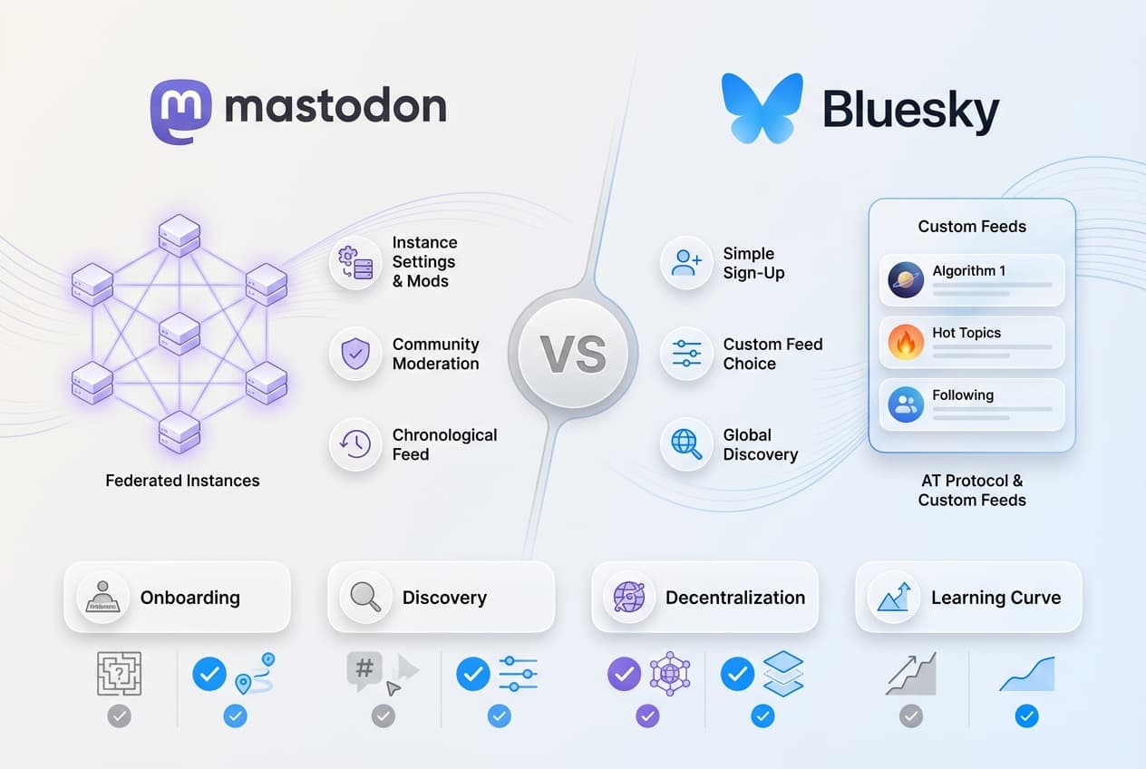 Mastodon vs Bluesky comparison 2026