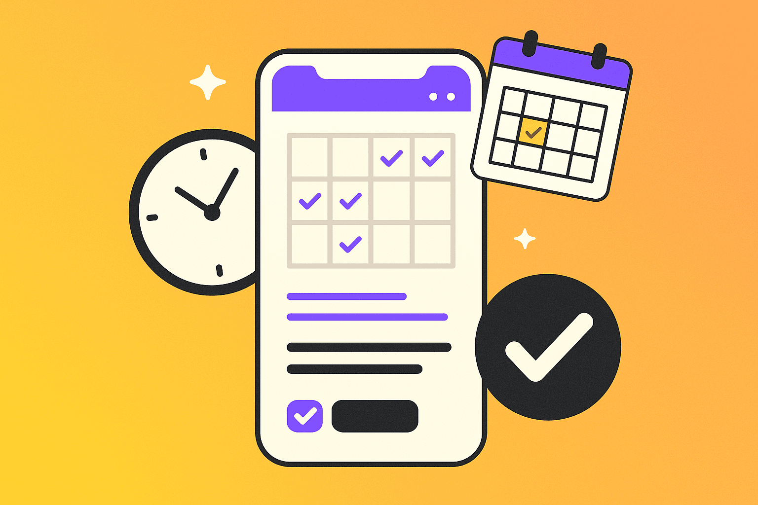 Illustration of a phone with a checklist, clock, and calendar representing social media scheduling