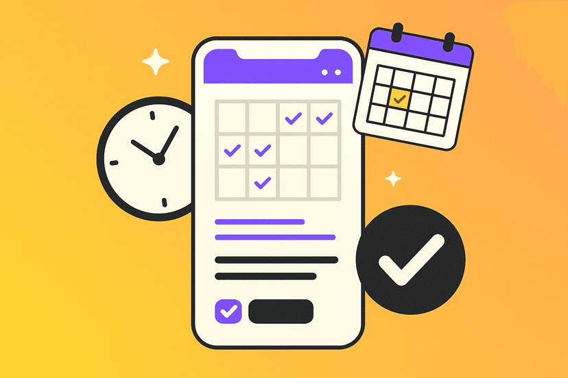 Illustration of a phone with a checklist, clock, and calendar representing social media scheduling