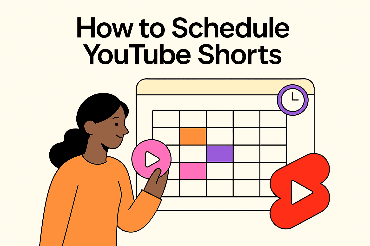 Illustratie van een persoon die een agenda gebruikt om YouTube Shorts, Tweets en Bluesky-posts in te plannen