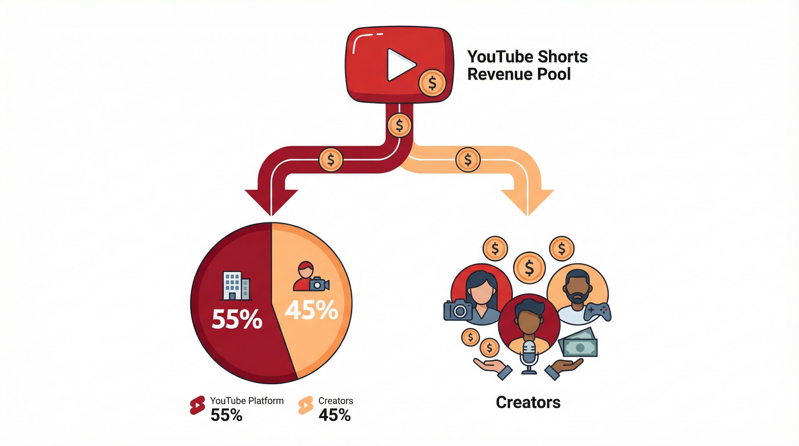 Visualization of YouTube Shorts revenue pool showing how ad money flows from the platform to creators