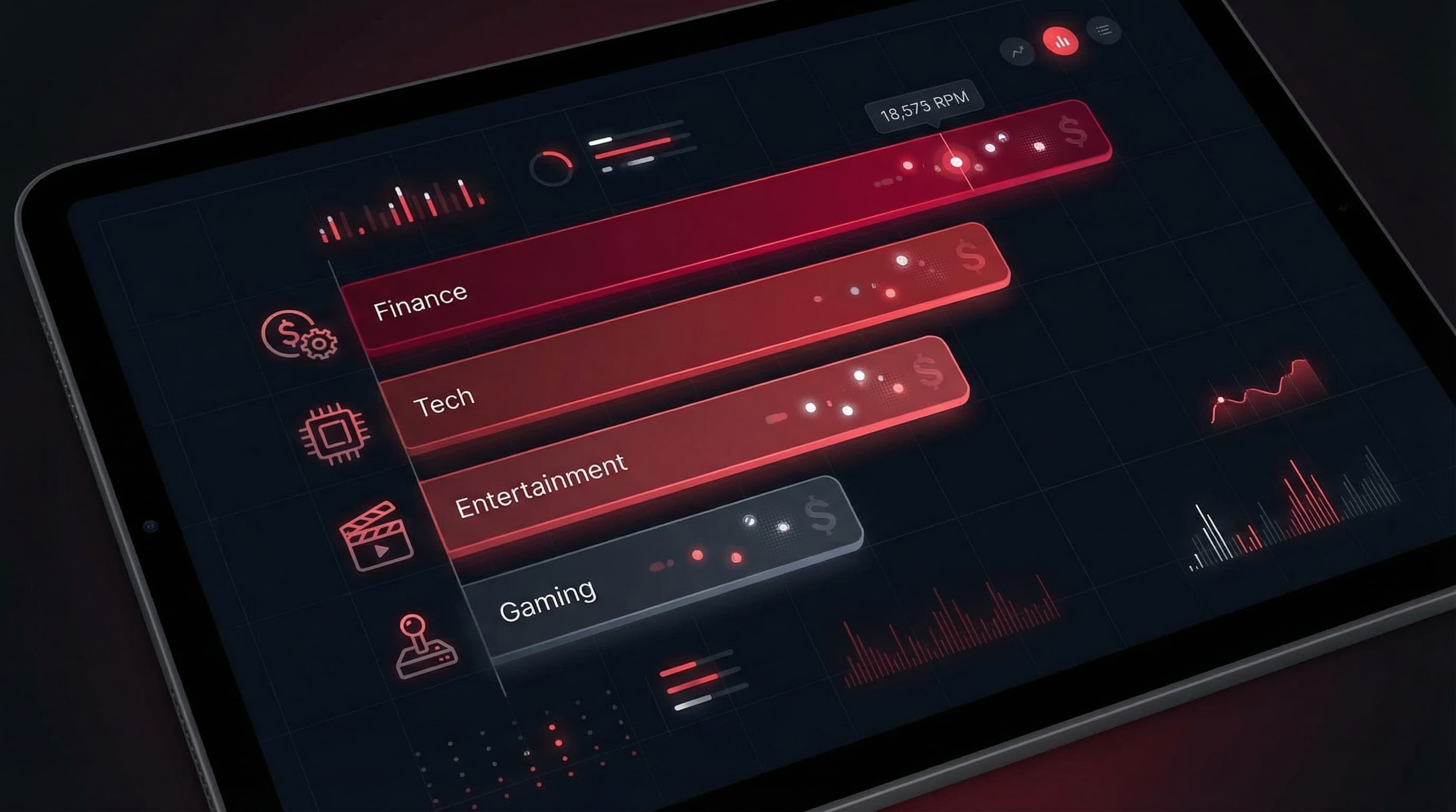 Dashboard vergleicht YouTube Shorts RPM-Einnahmen ueber verschiedene Content-Nischen wie Finanzen, Tech und Unterhaltung