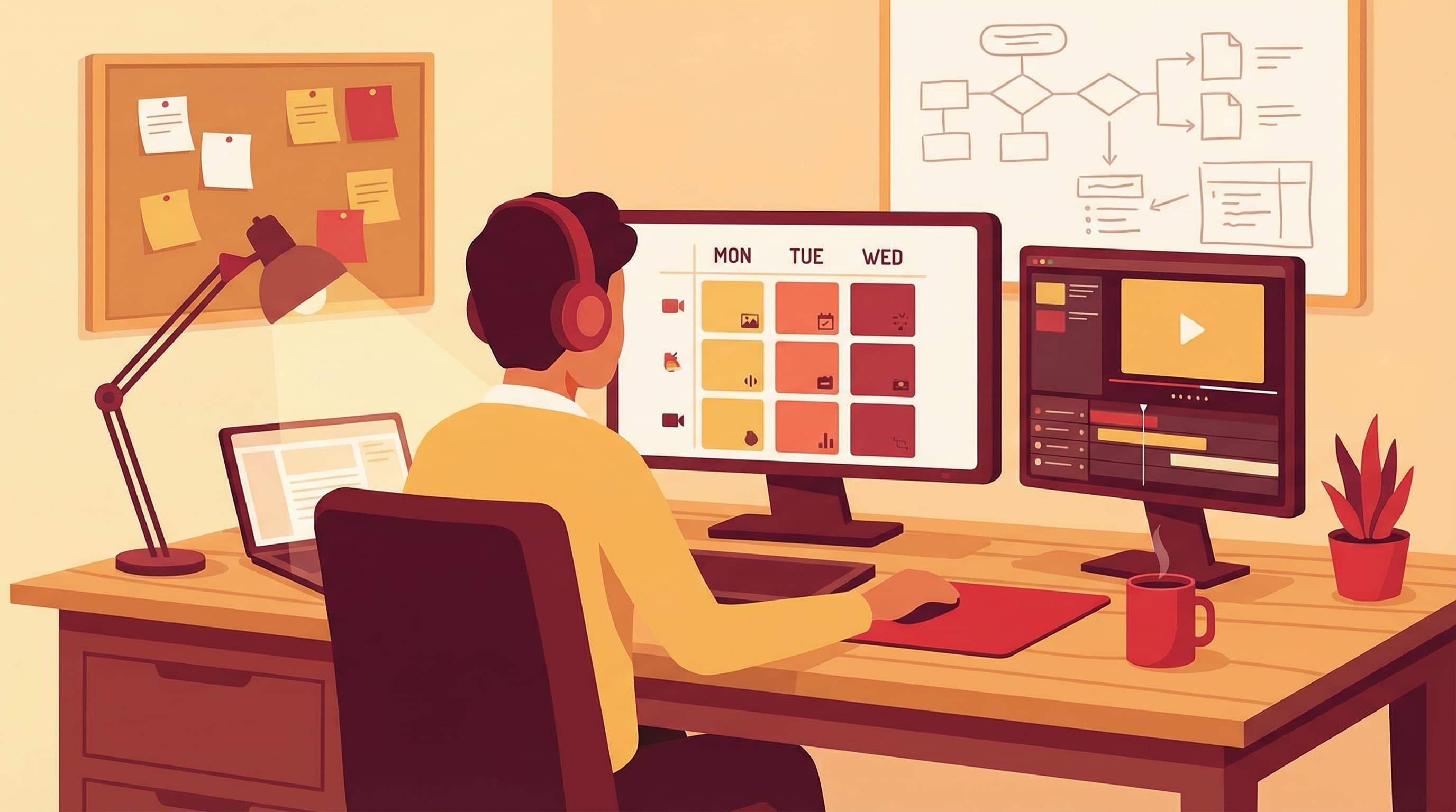 Content creator planning a YouTube Shorts content calendar with scheduling tools and video thumbnails