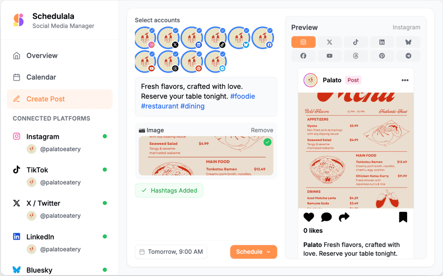 Schedulala dashboard showing a post being scheduled to 10 social media platforms