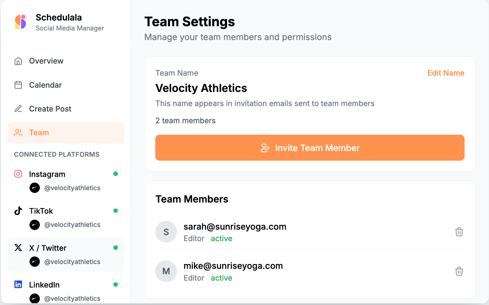 Schedulala Team Settings