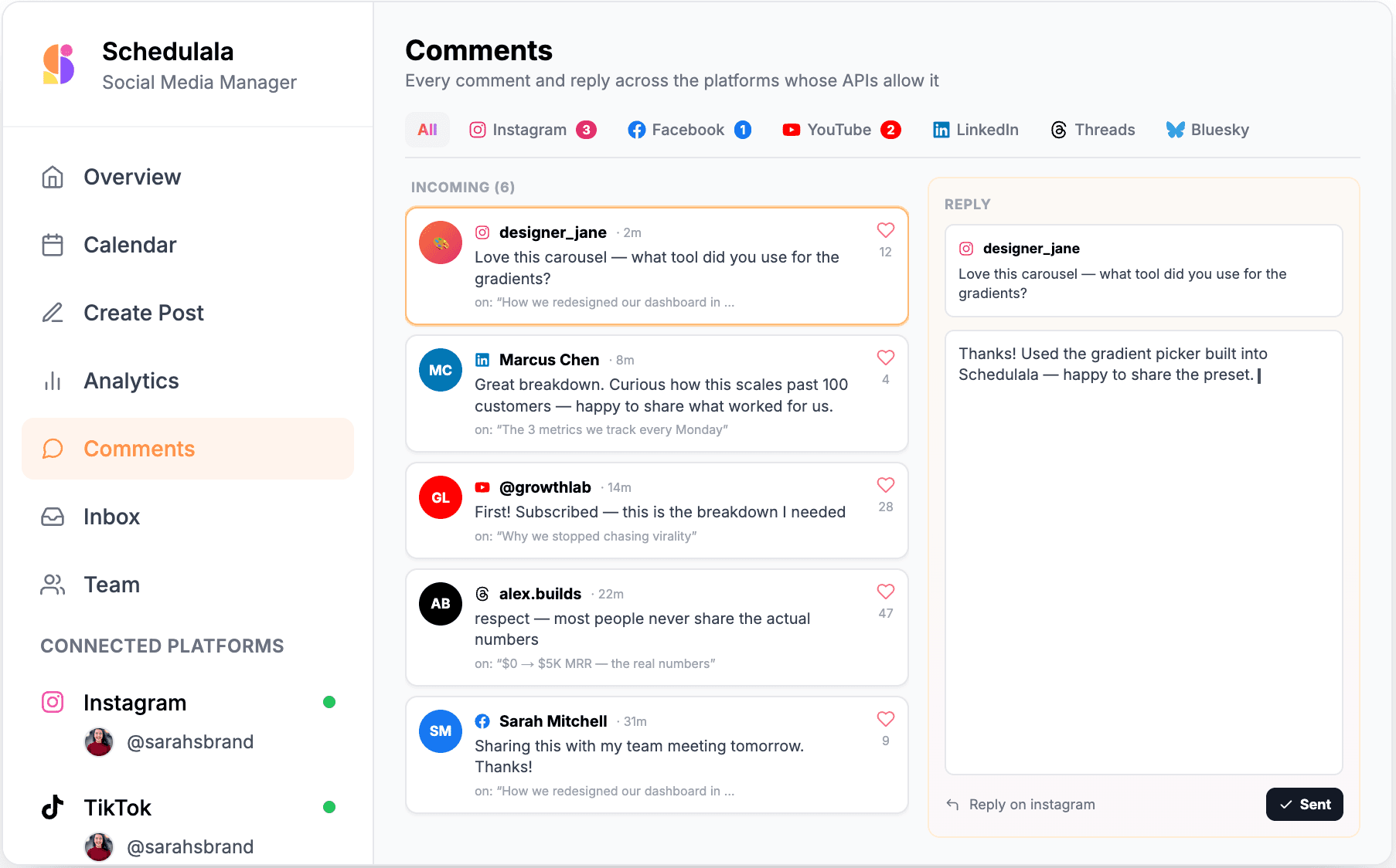Schedulala unified comments and DM inbox across Instagram, Facebook, YouTube, LinkedIn, Threads, and Bluesky