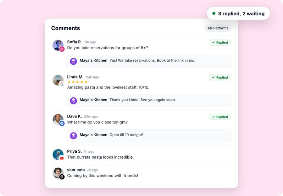 Unified comments inbox with replies across Instagram, Google, Facebook, YouTube and Threads
