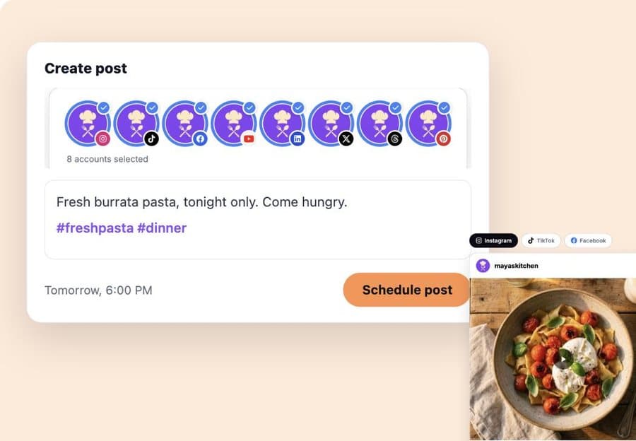 Schedulala create post panel with eight selected accounts and an Instagram preview